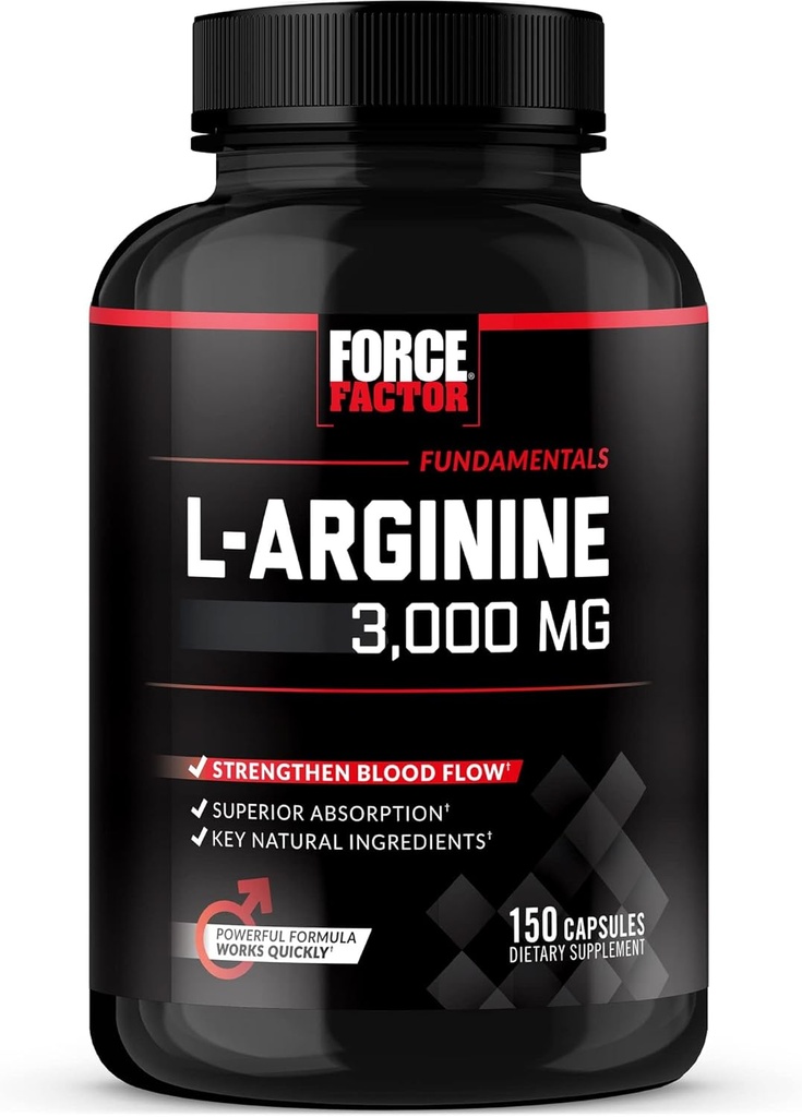 FORCE FACTOR L-αργινίνη Nitric Oxide συμπλήρωμα με BioPerine για να βοηθήσει στην οικοδόμηση μυών και την υποστήριξη ισχυρότερη ροή αίματος, κυκλοφορία, παράδοση θρεπτικών συστατικών, και αντλίες, L-αργινίνη 3000mg, 3g, 150 κάψουλες