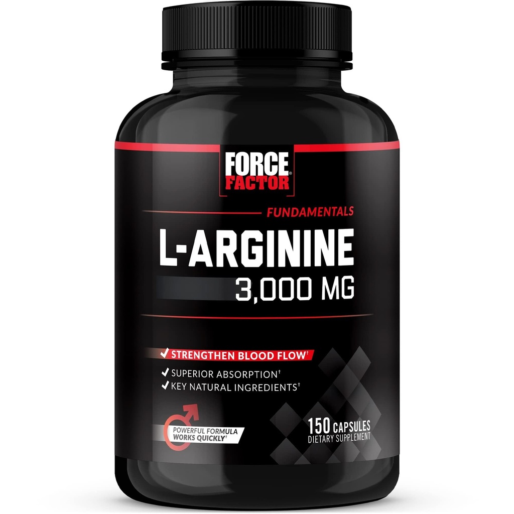 Force Factor L-Arginine Nitric Oxide Supplement with BioPerine to Help Build Muscle and Support Stronger Blood Flow, Circulation, Nutrient Delivery, and Pumps, L-Arginine 3000mg, 3g, 150 Capsules