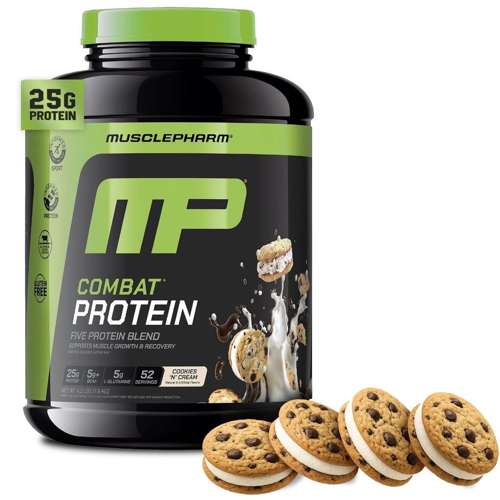 MusclePharm Combat Protein Powder, Cookies ‘N’ Cream Flavor, Fuels Muscles for Productive Workouts, 5 Protein Sources including Whey Protein Isolate & Egg Albumin, Gluten Free, 4 lb, 52 Servings