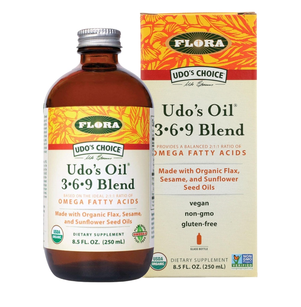 Flora - Oudo's Choice Omega 369 Oil Blend, Made with Organic Flax, Sesame & Sunflower Seed Oils, Plant-based Vegan Omega Faty Acids, based on Ideal 2:1:1 Ratio, 8.5-fl. oz. Γυάλινη φιάλη