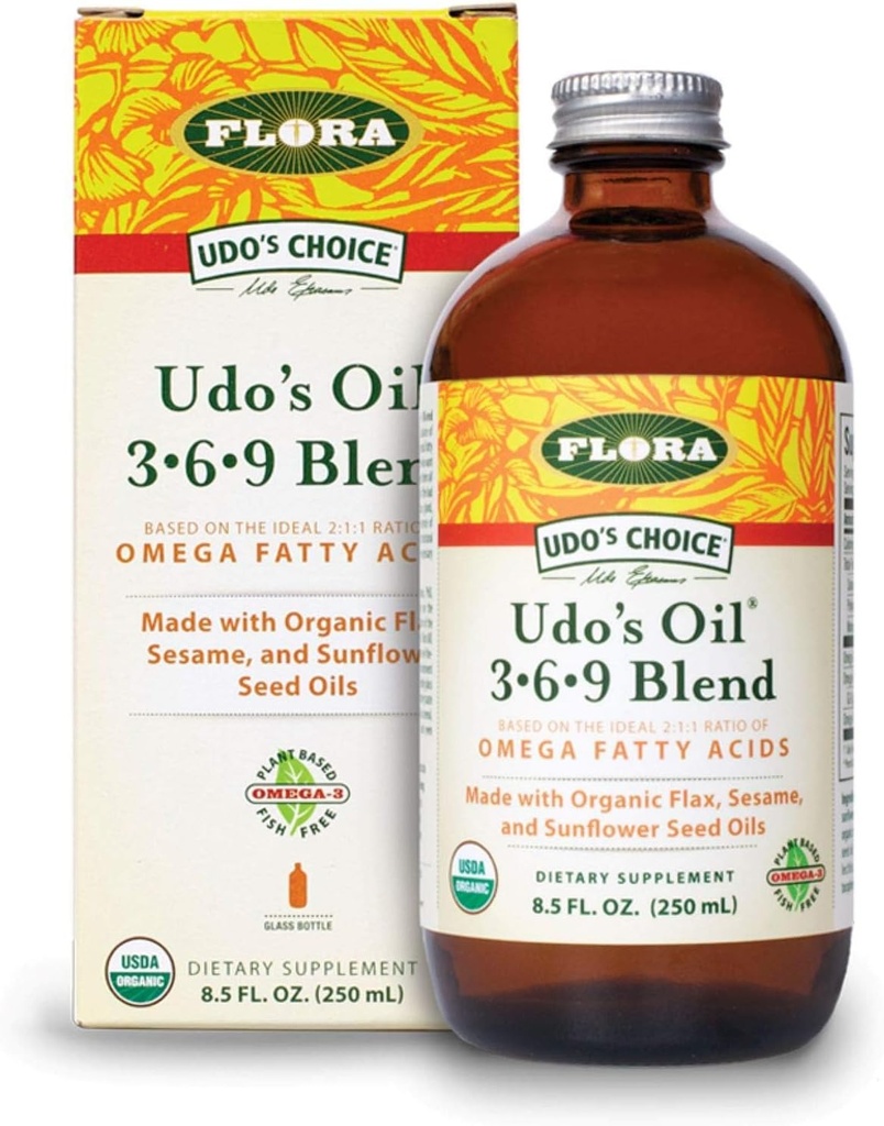 Flora - Udo's Choice Omega 369 Oil Blend, Made with Organic Flax, Sesame & Sunflower Seed Oils, Plant-Based Vegan Omega Fatty Acids, Based on Ideal 2:1:1 Ratio, 8.5-fl. oz. Glass Bottle