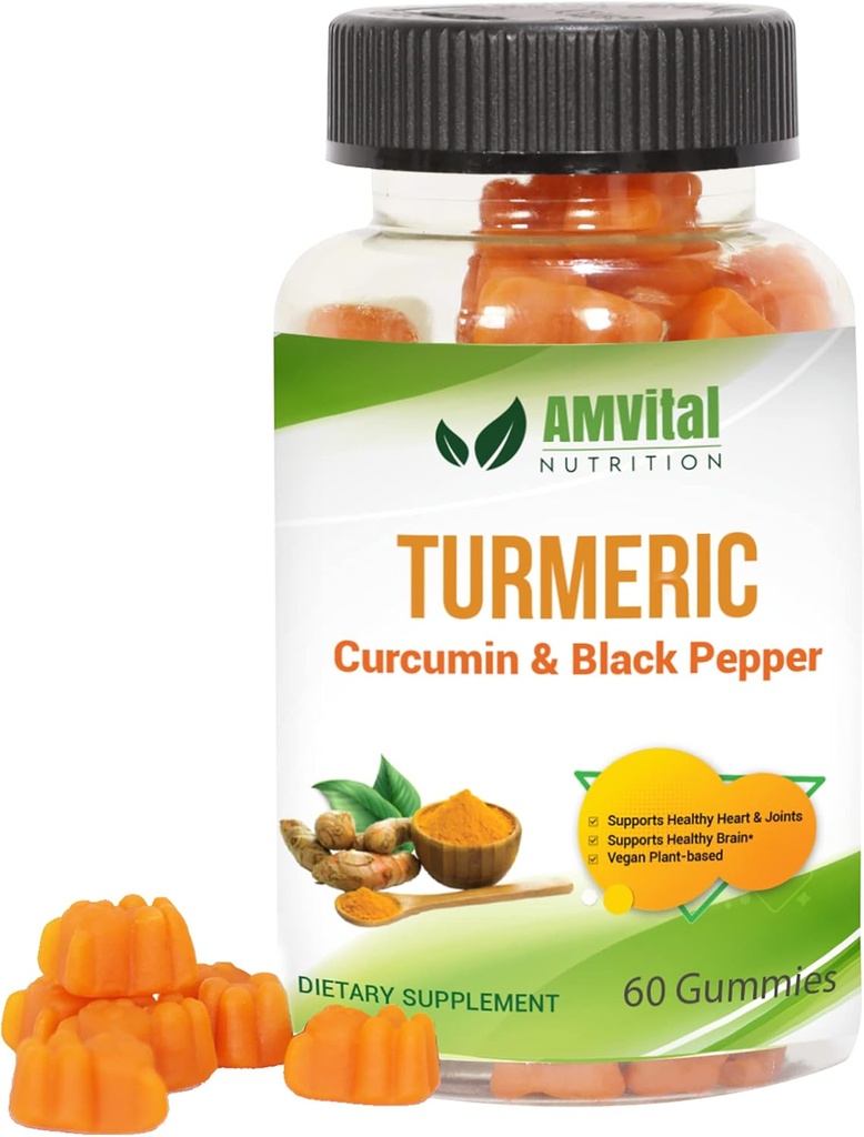 AMVital Turmeric Gummies Κουρκουμίνη με Μαύρο Πιπέρι - Κοινές Γκάμιες Υποστήριξης για Ενήλικες - 60 Count