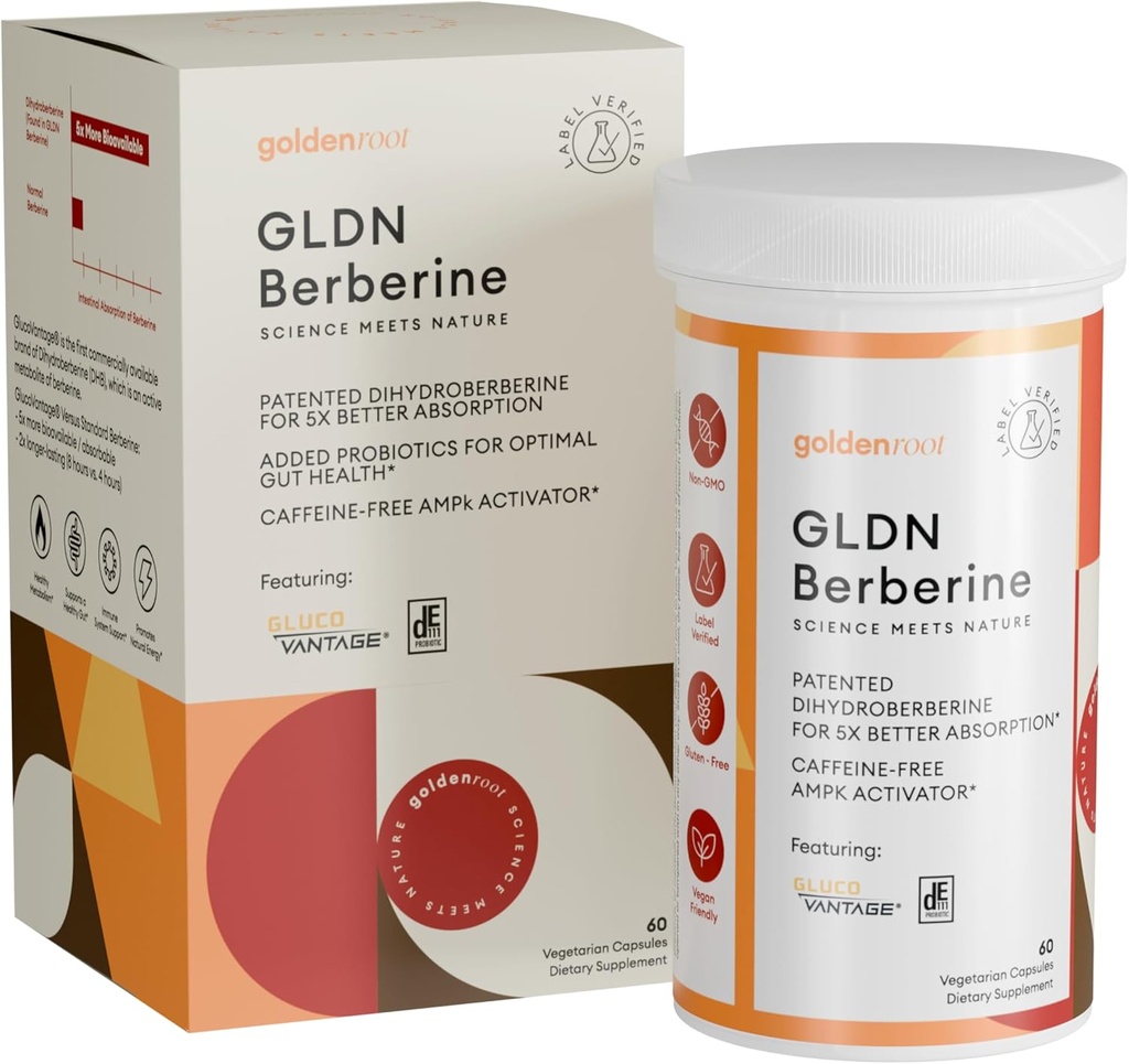 GLDN Βερβερίνη Σύνθετη Φόρμουλα Απορρόφησης - 200mg Διυδροβερβερίνη 5X Βελτιωμένη Απορρόφηση - DIM - Chromium Picolinate και DE111 Προβιοτικά για την Υποστηρίξτε την Πειθαρχία - Vegan Friendly - 60 Κάψουλες