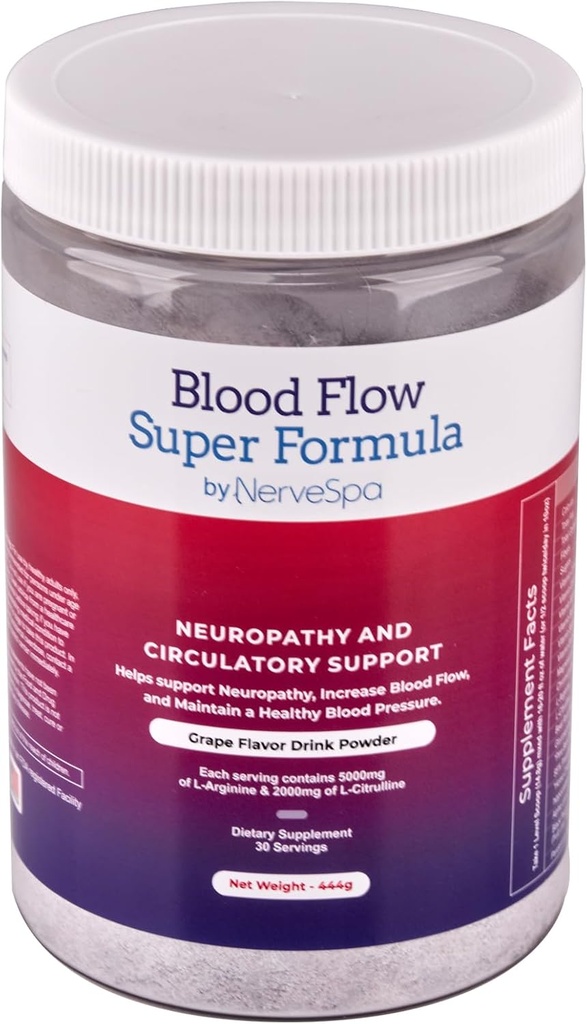 The Blood Flow Super Formula Neuropathy Drink Powder by Nerve Spa, Υψηλή συγκέντρωση L ‘αργινίνη και κιτρουλίνη, για την ενίσχυση της κυκλοφορίας και την υποστήριξη της Νευρολογικής Υγείας – 444 Grams/30 μερίδες