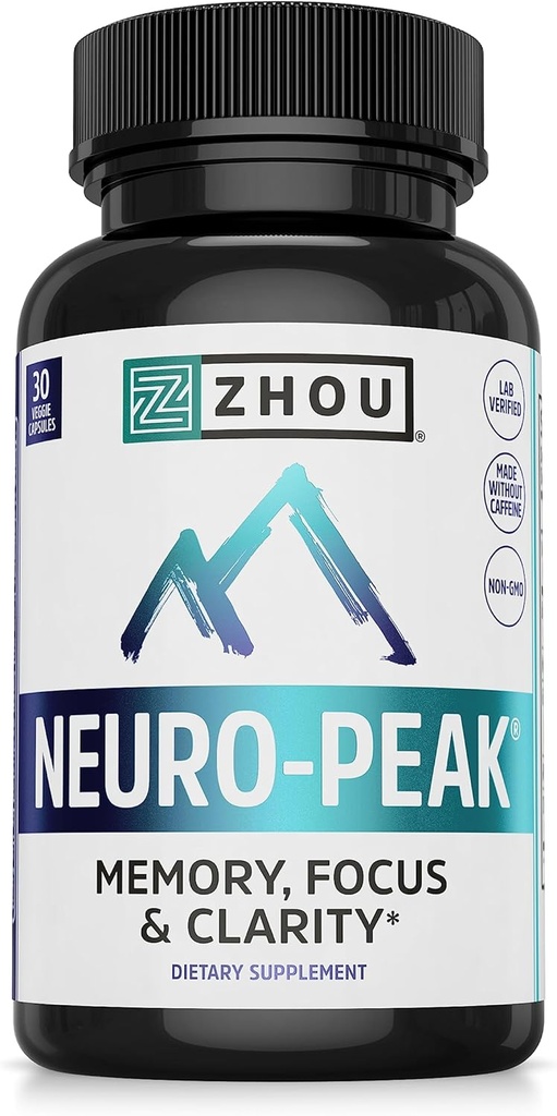 Zhou Neuro-Peak - Συμπληρώματα εγκεφάλου για μνήμη και εστίαση, Nootropic για άνδρες & γυναίκες, Χάπια υποστήριξης εγκεφάλου για ενήλικες, βιταμίνες εγκεφάλου - 30 κάψουλες λαχανικών (πακέτο του 1)