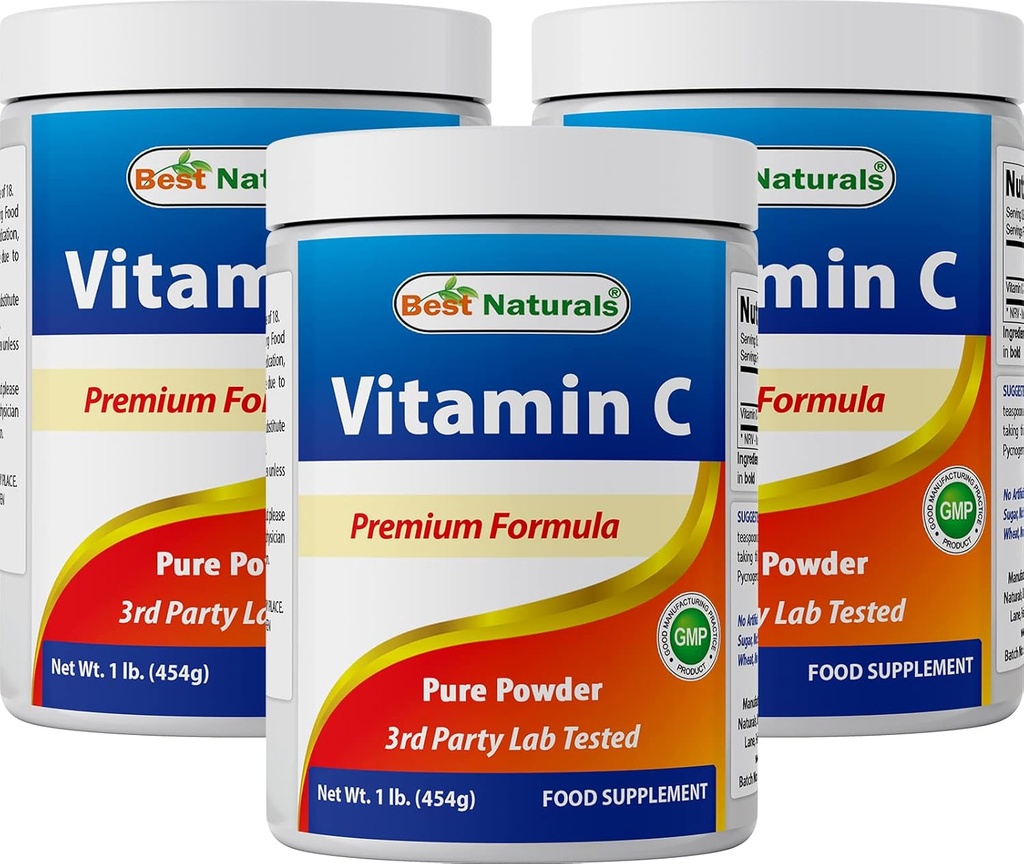 Best Naturals 100% Αμιγής σκόνη βιταμίνης C Non-GMO 1 lb (454 Grams) σκόνη (Επίσης ονομάζεται ασκορβικό οξύ) (1 LB (Pack of 3))