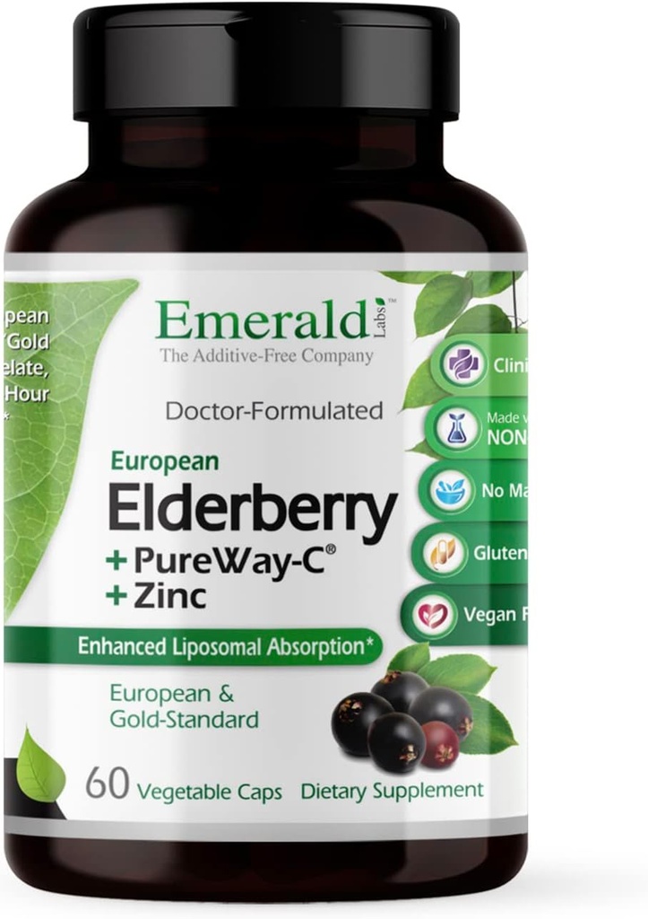 EMERALD LABS Elderberry Plus - Digestive & Immune Support with European Elderberry Extract, Vitamin C as PureWay-C & Albion Chelated Zinc - Vegan & Gluten-Free - 60 κάψουλες λαχανικών (30-Day Supply)