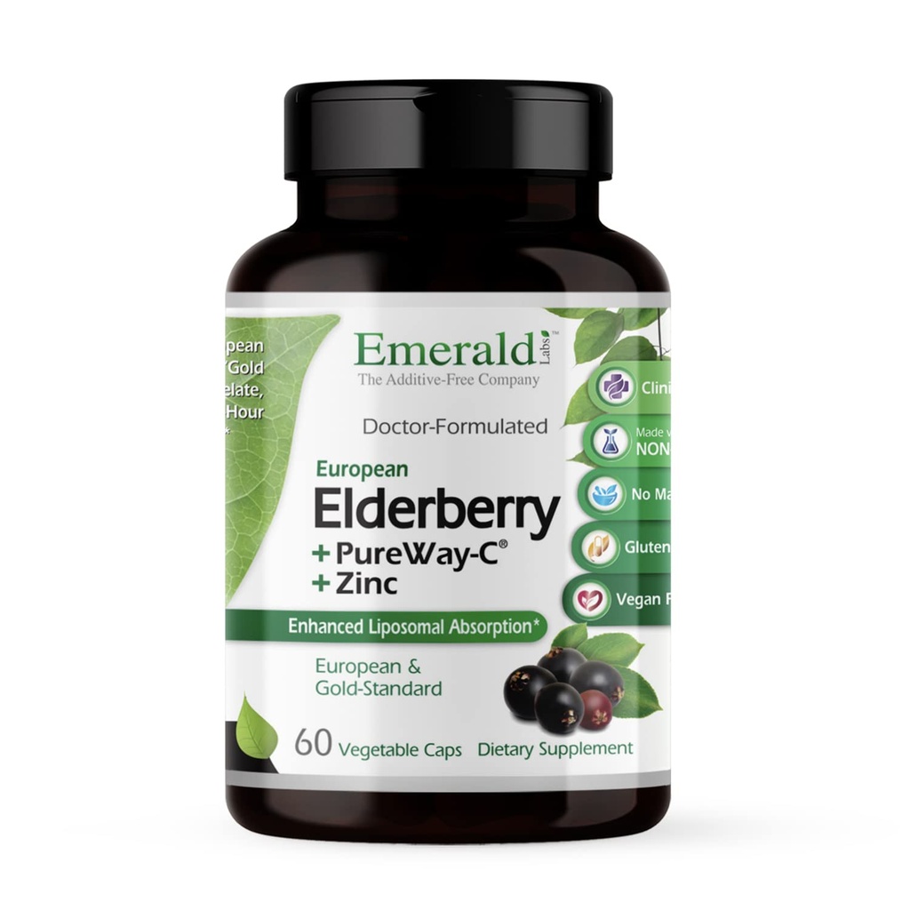 EMERALD LABS Elderberry Plus - Digestive & Immune Support with European Elderberry Extract, Vitamin C as PureWay-C & Albion Chelated Zinc - Vegan & Gluten-Free - 60 κάψουλες λαχανικών (30-Day Supply)