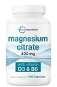 Micro Ingredients Magnesium Citrate 400mg, 240 Capsules | with Vitamin D3 1000IU & B6 | Muscle, Heart & Digestive Health | Elemental Mineral & Vitamins Complex | Non-GMO