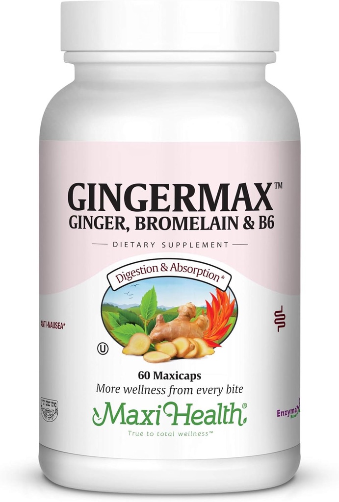 Maxi Health Gingermax - Τζίντζερ - Βρομελαΐνη & Βιταμίνη Β6 - Digestion Health - 60 Κάψουλες - Kosher