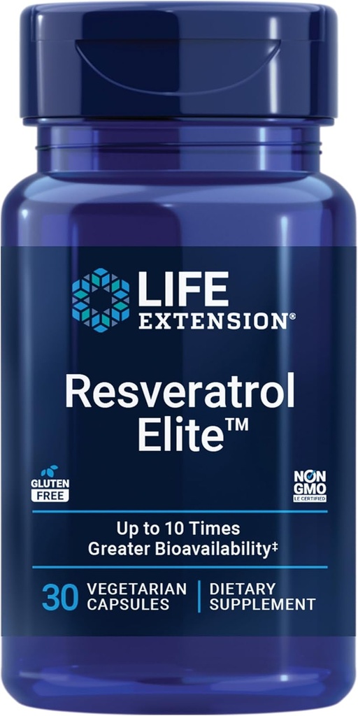 Επέκταση ζωής Resveratrol Elite, Trans-ρεσβερατρόλη, Υγιεινή γήρανση, Καρδιαγγειακή υγεία, Εγκεφαλική υγεία, οξειδωτικό στρες, Γλουτένη-ελεύθερο, Μη-ΓΤΟ, χορτοφάγοι, 30 κάψουλες