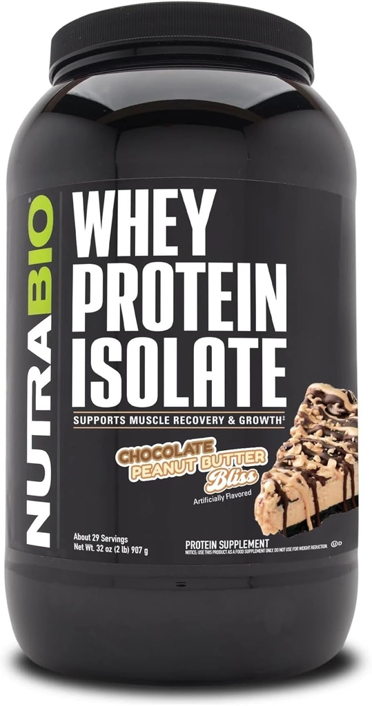NutraBio 100% Whey Protein Isolate Protein Powder, 25g Protein with Complete Amino Acid Profile, Non-GMO, Soy & Glutten Free, Low Carb, Low Calori Whey Protein Powder, Σοκολάτα Φυστικοβούτυρο, 2 Lbs
