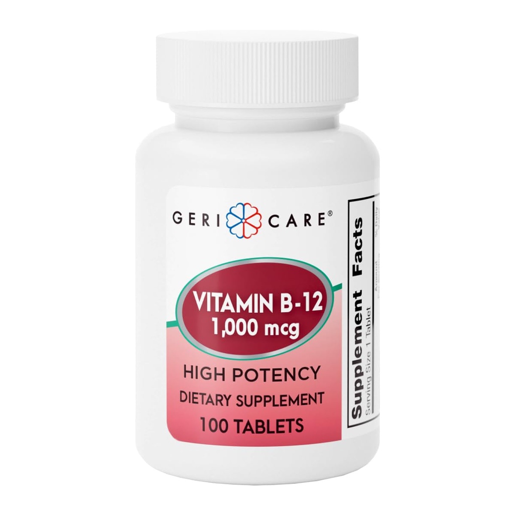 GeriCare Βιταμίνη B-12 1000mcg Δισκία υψηλής ισχύος, Premium Συμπλήρωμα διατροφής για την ενίσχυση της ενέργειας, την υποστήριξη της υγείας του εγκεφάλου, και τη διατήρηση ενός Υγιούς Νευρικού Συστήματος 100 Count (πακέτο του 1)