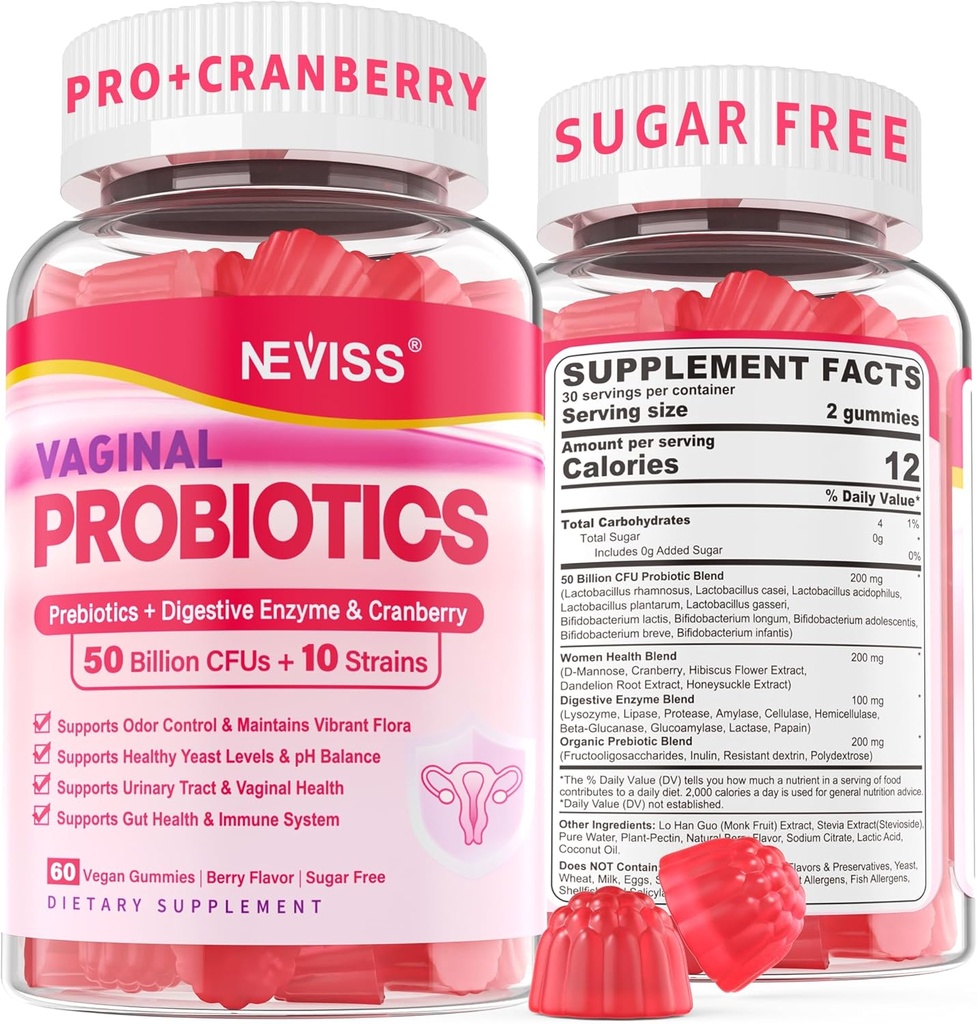 Κολπικά προβιοτικά Gummies για τις γυναίκες PH ισορροπία, Odor έλεγχο με τα πρεβιοτικά, Cranberry, D-Mannose, προωθεί τη θηλυκή υγιή κολπική χλωρίδα, ουρική αρθρίτιδα, μαγιά, Digestive υποστήριξη, ζάχαρη δωρεάν,60Cts