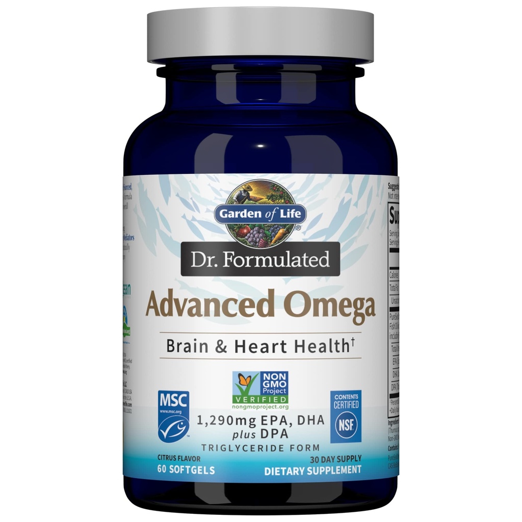 Κήπος της ζωής Dr. Formulated Advanced Omega Fish Oil - λεμόνι, 1.290mg EPA, DHA + DPA σε μορφή τριγλυκεριδίων, ενιαία πηγή Omega 3 συμπλήρωμα για Ultimate Brain & Heart Health, Non-GMO, 60 Softgels