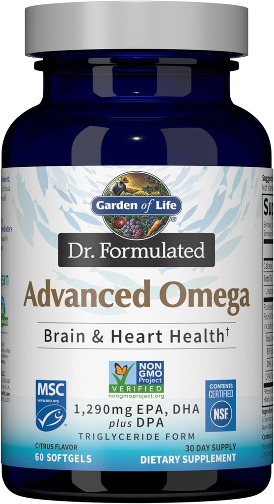 Κήπος της ζωής Dr. Formulated Advanced Omega Fish Oil - λεμόνι, 1.290mg EPA, DHA + DPA σε μορφή τριγλυκεριδίων, ενιαία πηγή Omega 3 συμπλήρωμα για Ultimate Brain & Heart Health, Non-GMO, 60 Softgels