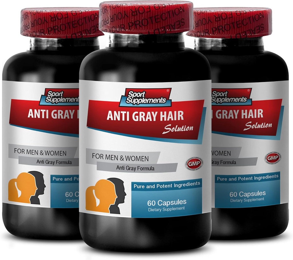 Επαναφορά της ανάπτυξης των μαλλιών - Anti Gray Hair Natural Formula για άνδρες και γυναίκες - Folic Acid συμπλήρωμα για γυναίκες, Fo ti σκόνη, Χλωροφύλλη, βιοτίνη για γκρι μαλλιά, Gray Βιταμίνες μαλλιών, 3 μπουκάλια 180 κάψουλες