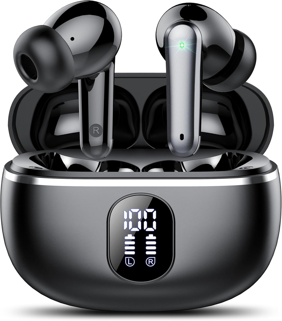 Ασύρματα ακουστικά, Bluetooth 5.3 Ακουστικά Big Bass Stereo, Buds Ear με Θόρυβο Ακύρωση Mic LED Display, σε Ακουστικά IP7 Αδιάβροχα, 50H Playtime για Σπορ, Μαύρο