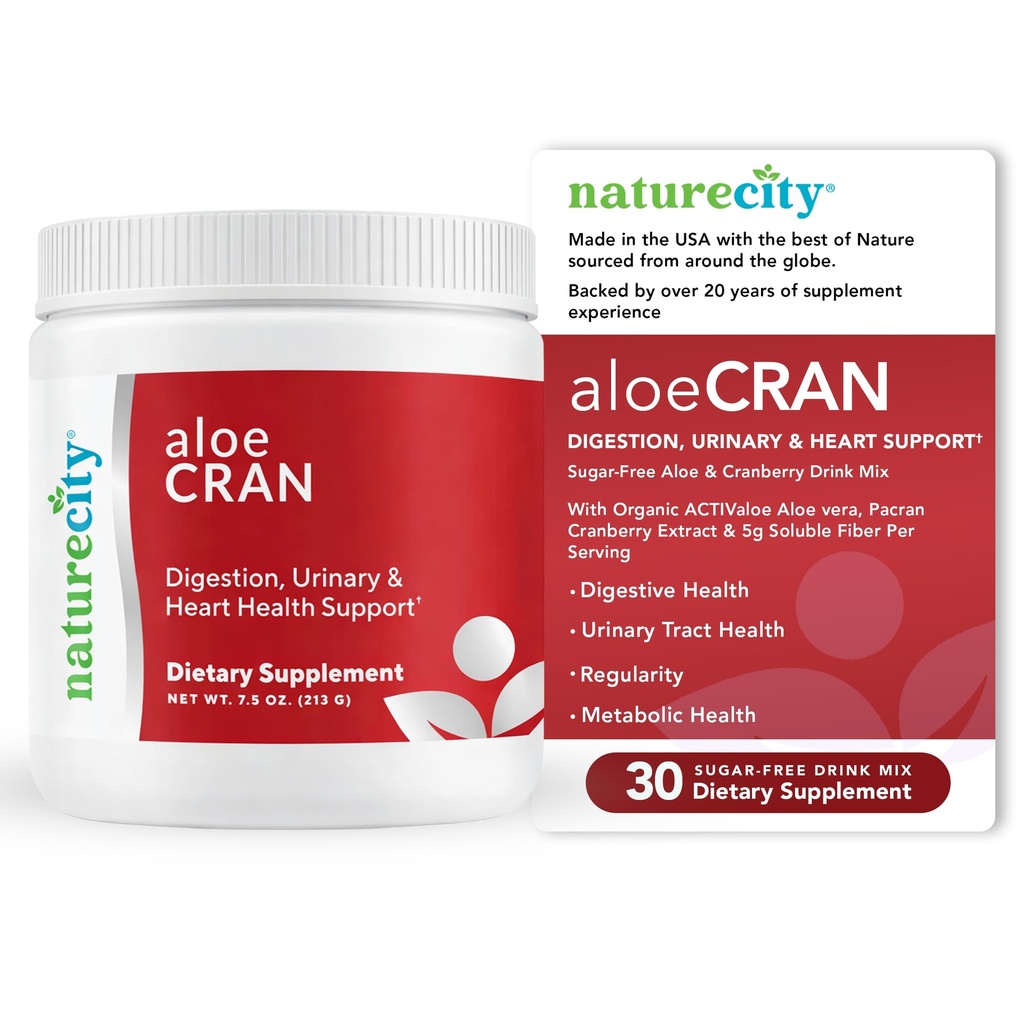 NatureCity AloeCran - Pure Aloe Vera Blend with Cranberry Powder Supplement - Sugar Free Fiber Combo Mix for Digestive and Urinary Health - Ουρία & Μεταβολική Υγεία Υποστήριξη - 30 Ημέρες Προμήθειας
