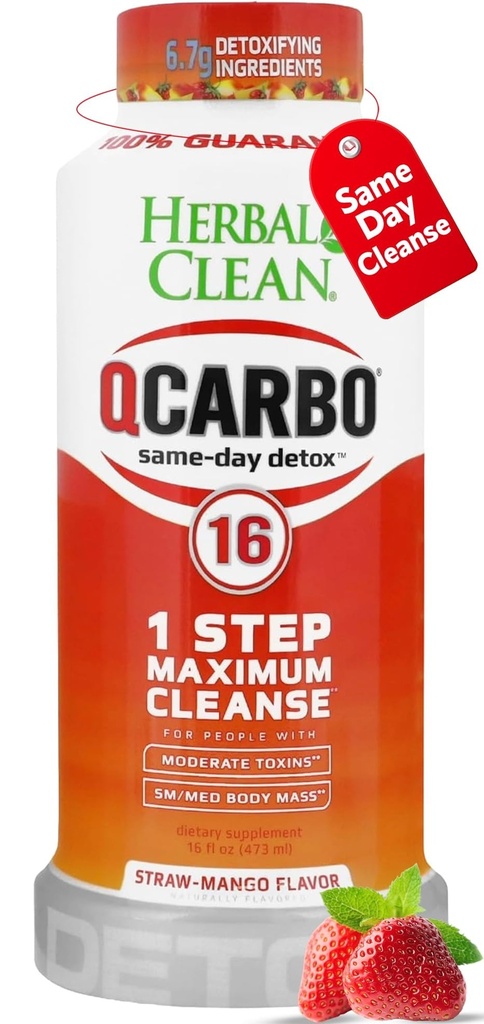 Herbal Clean Qcarbo16 Same-Day Detox Cleanse Drink (16 fl oz) - Φράουλα Mango Full Body Cleanse* Detox Drink for Moderate Toxin Level*, Βιταμίνη Β2 και Βιταμίνη Β12 για άνδρες & γυναίκες