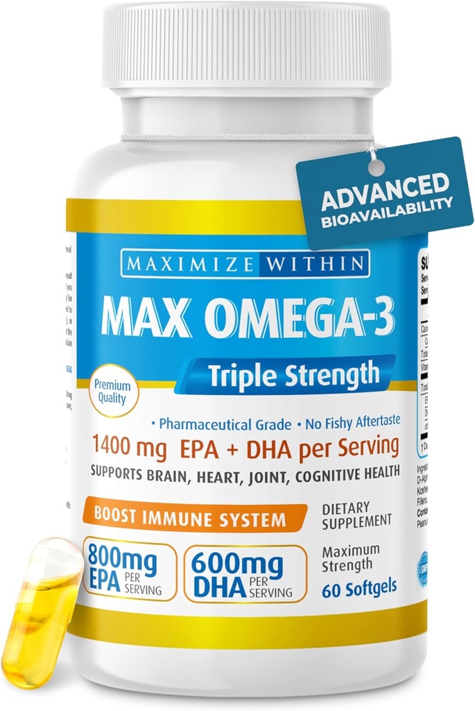 Maximum Slim Max Omega 3 Fish Oil Pills - Triple Strength Fish Oil Supplement (2000 mg Total Omega 3 Fatty Acids: 600mg DHA + 800 mg EPA per Serving)