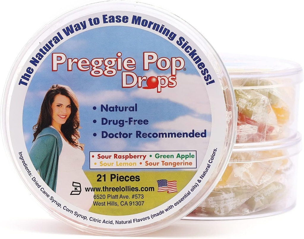 Preggie Pop Drops - βοηθά πρωινή ασθένεια Κατά τη διάρκεια της εγκυμοσύνης (3 πακέτο, 63 μετρούν) – Με αιθέρια έλαια, ασφαλές για έγκυος μαμά & το μωρό, χωρίς γλουτένη - λεμόνι, σμέουρο, πράσινο μήλο, Tangerine