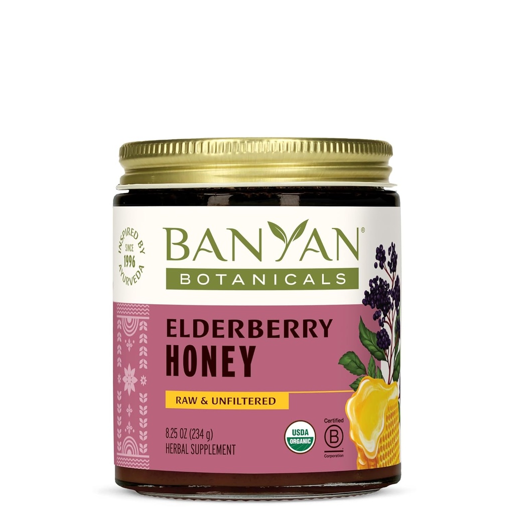 Banyan Botanicals Organic Elderberry Honey – Με Sambucus, Amla & Marshmallow --– Elderberry Immune Support for Kids & Adults* – 8.25 Oz – Raw, Unfiltered, Pollinator-Friendly, Sustainablely Sourced, Fair Wild