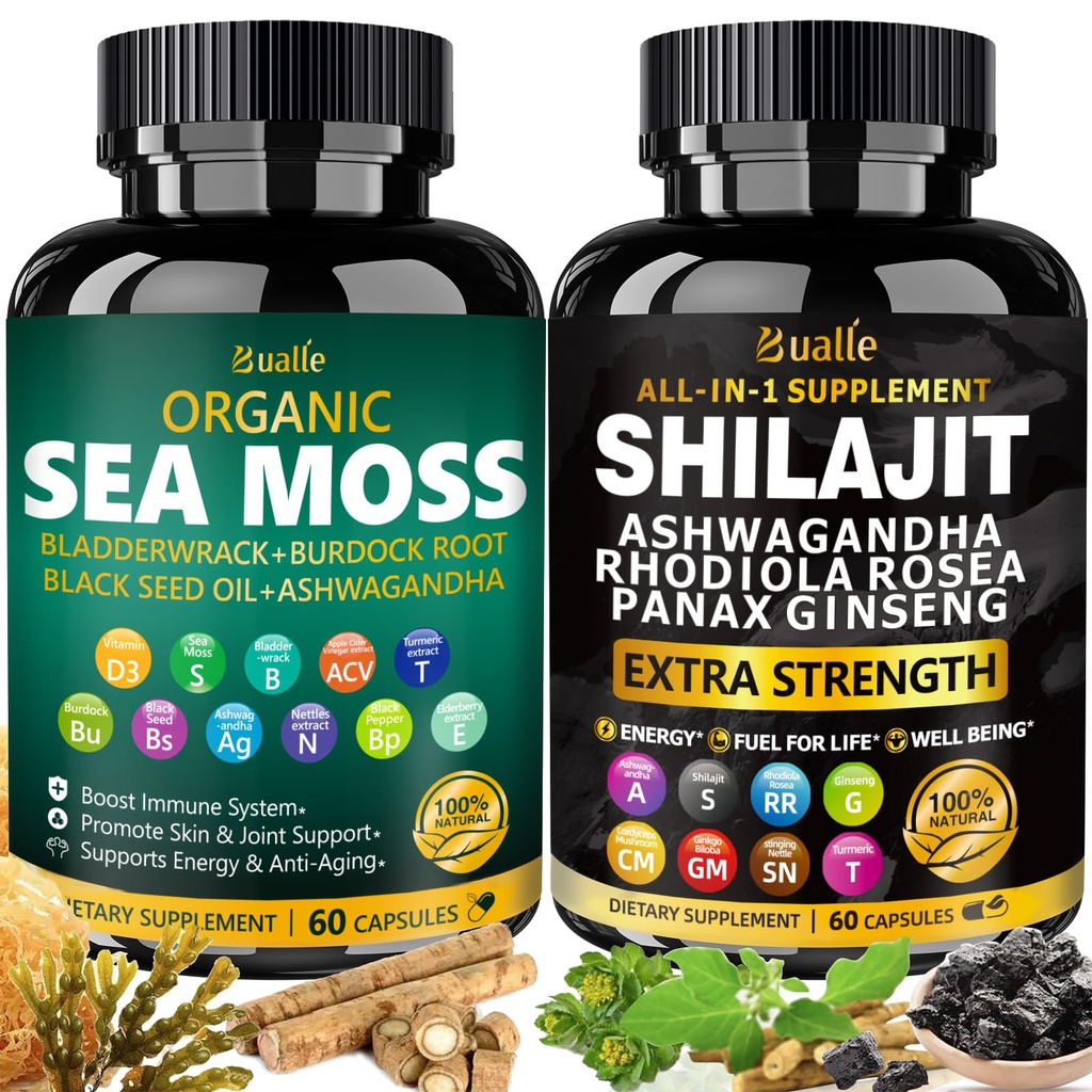 Bualle Sea Moss και Shilajit Bundle-Sea Moss 300mg, Black Seed Oil 100mg, Ashwagandha 50mg,Ginger & Shilajit 300mg,Rhodiola Rosea 100mg,Panax Ginseng 50mg,Όλα σε 1 συμπληρώματα ΗΠΑ Made(2 Pack)
