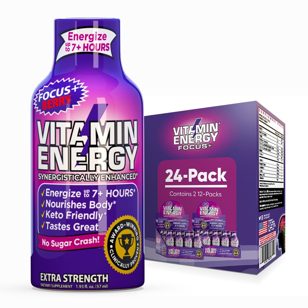 Vitamin Energy Focus+ Extra Strength Energy Shot Berry 24 Pack, 260mg Natural Caffeine, B-Vitamins, CoQ10, Amino Acids, Focus, Productivity & Clarity, Zero Sugar, Gluten-free, 1.93 fl oz