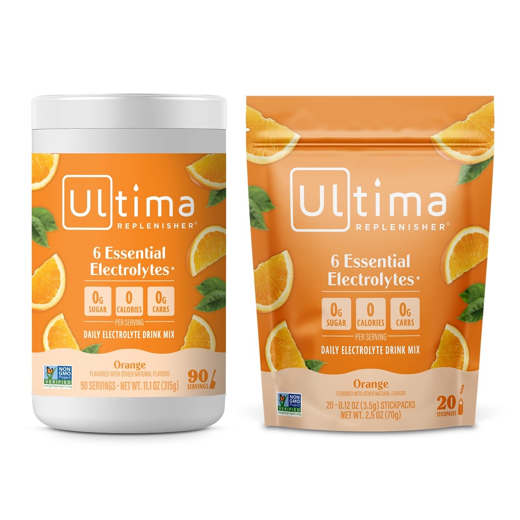 Ultima Replenisher Ηλεκτρολυτικό Ποτό σε σκόνη Mix Bundle – Χωρίς ζάχαρη – Πορτοκαλί, 90 Σερβιρίσματος Canister και 20 Stickpacks – 6 Ηλεκτρόλυτα και Ορυκτά – Κετό Φιλικό, Vegan, Μη ΓΤΟ