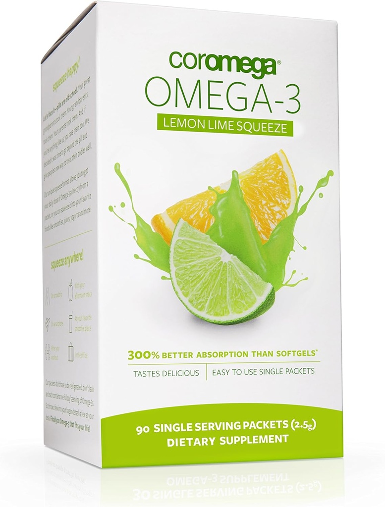 Coromega Omega 3 συμπλήρωμα ιχθυελαίου, 650mg Ωμέγα-3s με 3X καλύτερη απορρόφηση από Softgels, λεμόνι άρωμα ασβέστη, 90 μόνο σερβίρετε πυκνά πακέτα