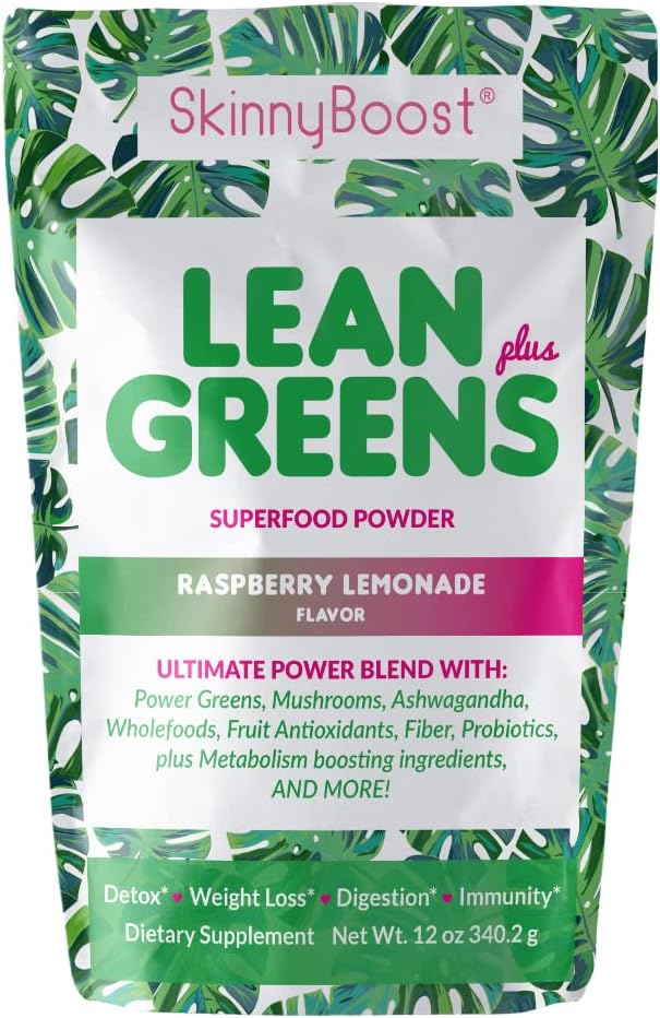 SkinnyBoost - Lean Greens & Super Food Powder - Ultimate Power Blend with Green Tea, Mushroom Blend, Ashwagandha, Spirulina Algae & Wholefoods - Natural Detox & Clean Energy - 30 Services -12 Oz