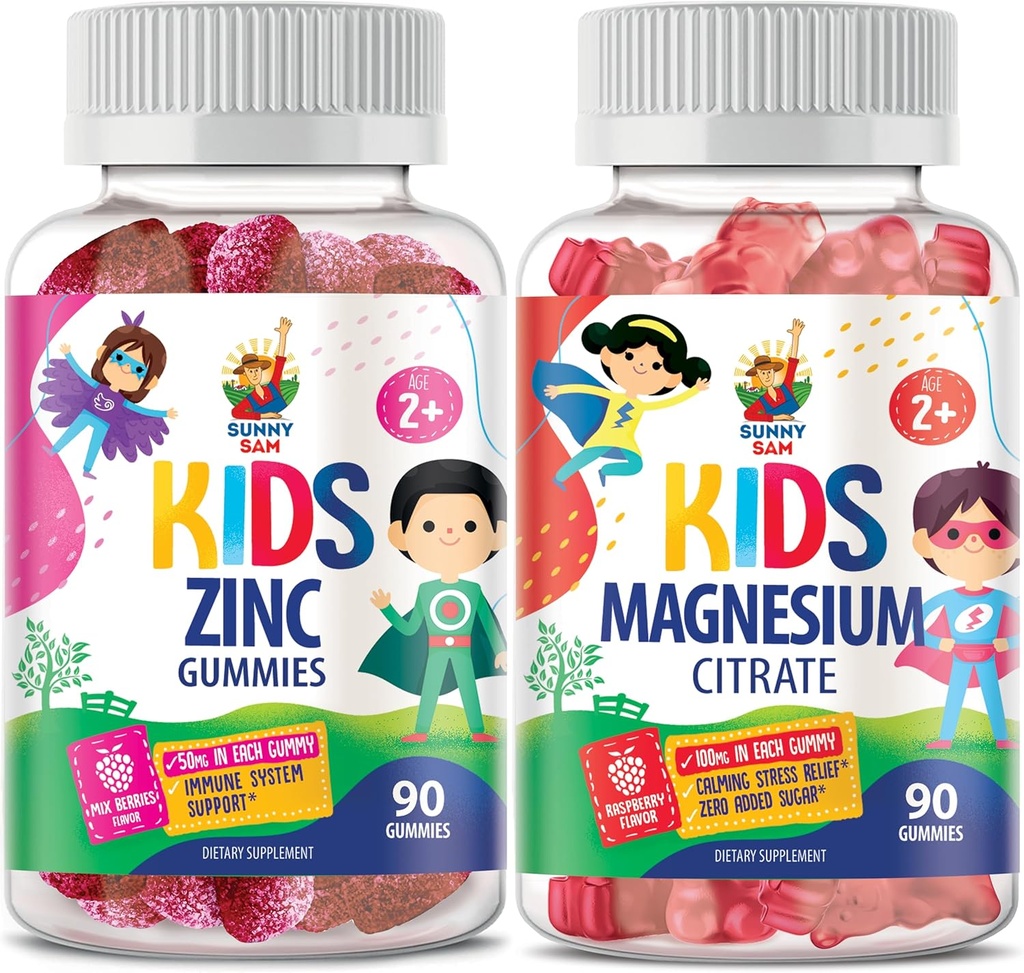 SUNNY SAM Magnesium Gummies for Kids & Zinc Gummies for Kids & Adults - Ψευδάργυρος Chewable Gummy for Immune Support - Ισχυρό Φυσικό Αντιοξειδωτικό Μη-GMO συμπλήρωμα για παιδιά άνδρες Γυναίκα Ενήλικες.
