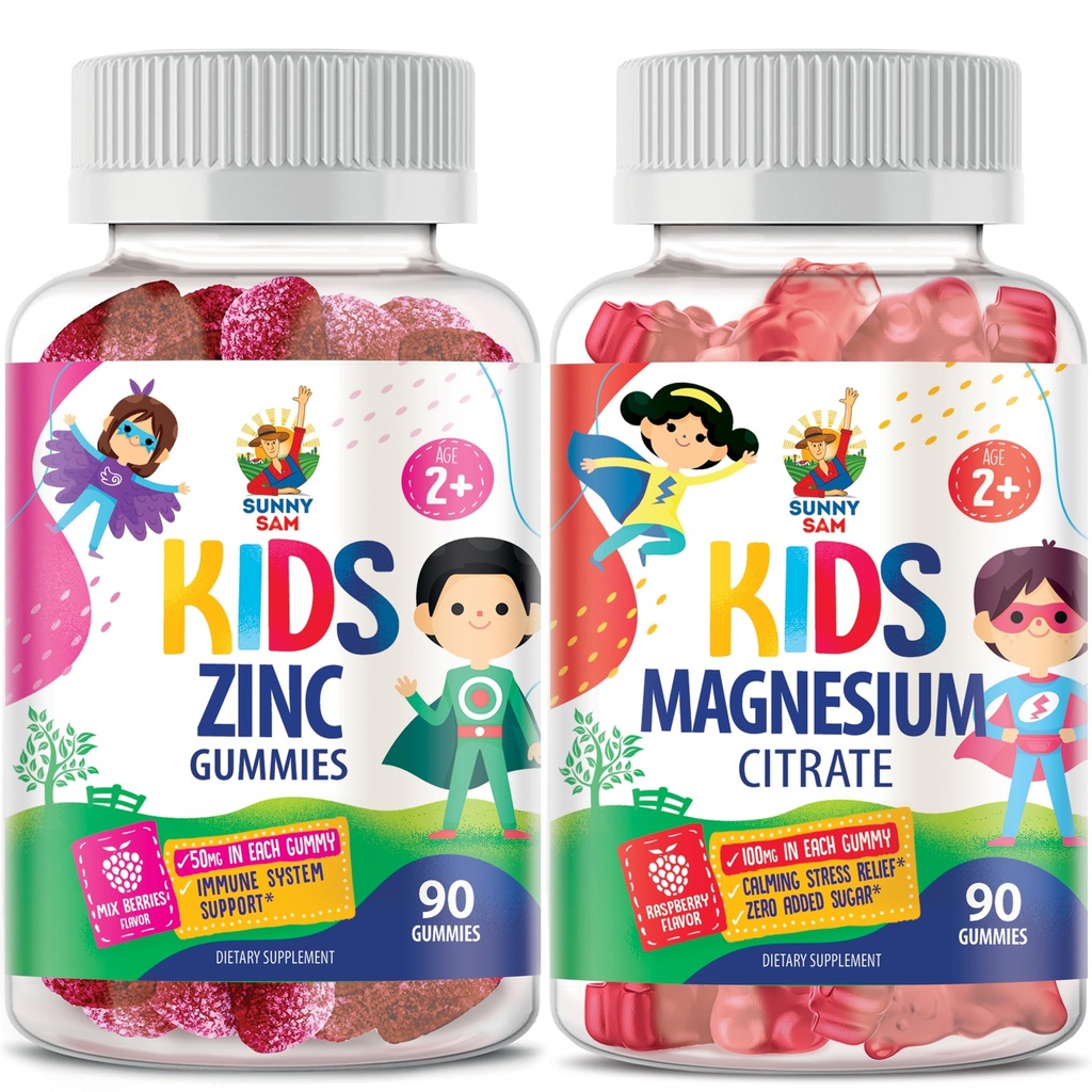 SUNNY SAM Magnesium Gummies for Kids & Zinc Gummies for Kids & Adults - Zinc Chewable Gummy for Immune Support - Powerful Natural Antioxidant Non-GMO Supplement for Children Men Woman Adults.