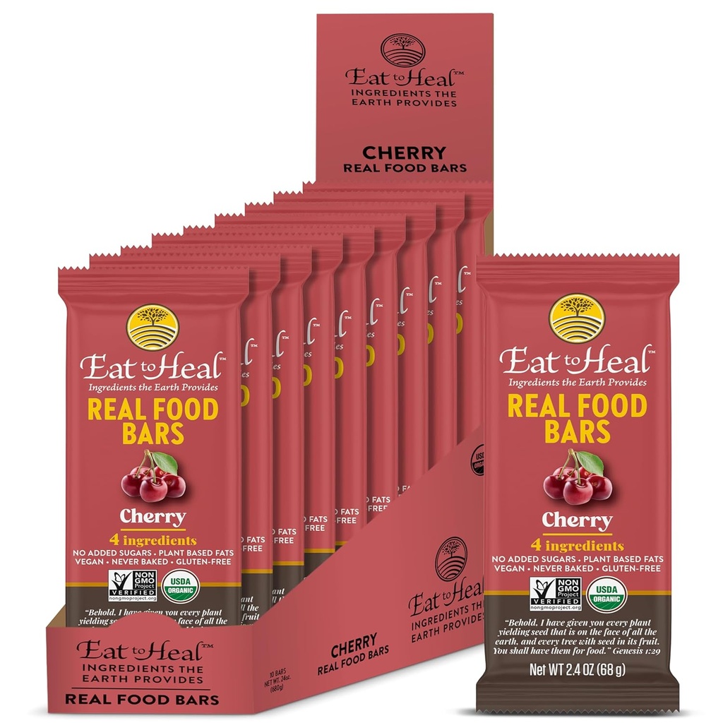EatToHeal Cherry Real Food Bar - Βιολογικό Vegan Healthy Gluten Free Protein Bars - Χαμηλή μπάρα αντικατάστασης γεύματος ζάχαρης, μη ΓΤΟ, Ποτέ δεν ψήθηκε, Plant Based - Κατασκευάζεται για να απολαύσετε, Δεν κάθεται στα ράφια