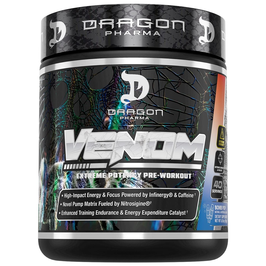 DRAGON PHARMA Venom Extreme Potency Pre-Workout, Laser Sharp Focus + Ενέργεια, Έντονη απόδοση, Αποδεδειγμένα συστατικά για την ενίσχυση της αγγειοδιαστολής & αντοχής (40 εξυπηρετούν, Bomb Pop)