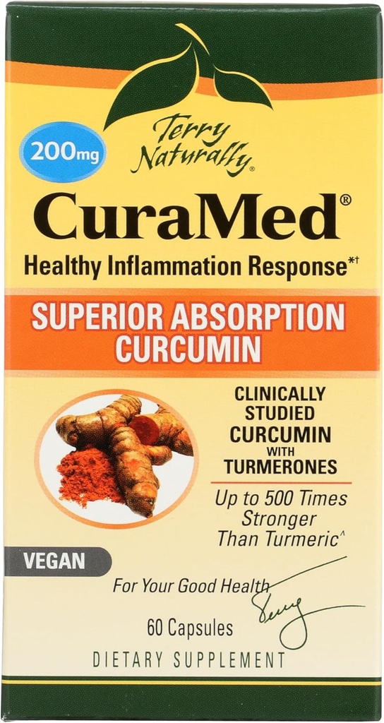 Terry Φυσικά CuraMed 200 mg - 60 Vegan Softgels - Superior Απορρόφηση BCM-95 συμπλήρωμα κουρκουμίνης, Προάγει υγιής αντίδραση φλεγμονής - Μη-GMO, χωρίς γλουτένη, Kosher - 60 εξυπηρετεί
