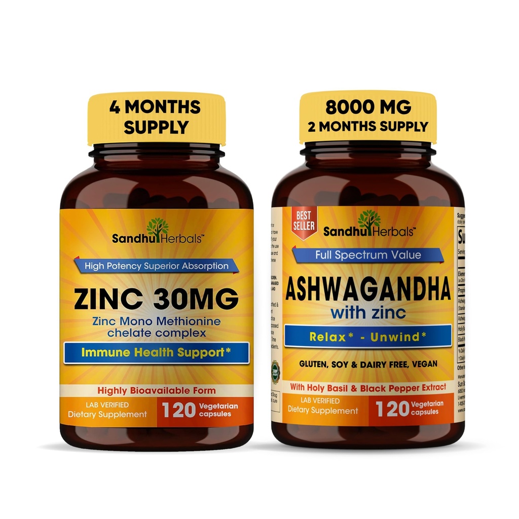 Sandhu Herbals Ψευδάργυρος 30mg συμπλήρωμα και οργανικό 4 σε 1 Ashwagandha κάψουλες με ψευδάργυρο