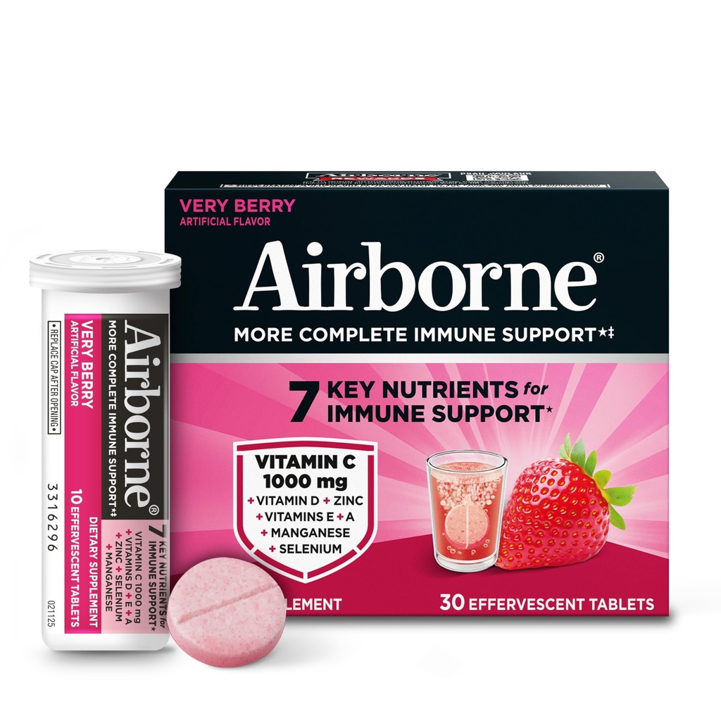 Airborne 1000mg Βιταμίνη C με Βιταμίνη D + Ζάχαρη ψευδαργύρου Δωρεάν Πολυβιταμίνη Ανοσοποιητική Υποστήριξη Αναβράζοντα δισκία ποτών, Πολύ Berry Γεύση με Ισχυρά Αντιοξειδωτικά VIT A C & E, 30 δισκία