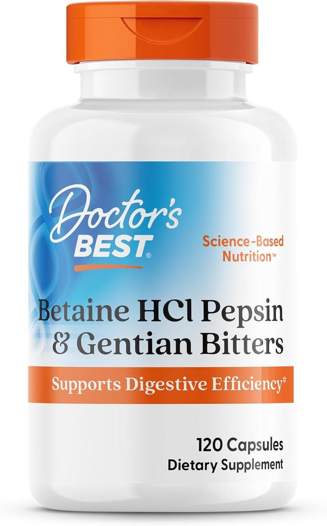 Doctor's Best Betaine HCI Pepsin & Gentian Bitters, Digestive Enzymes for Protein Breakdown & Abvorve, Non-GMO, Gluten Free, 120 Caps, Original Version