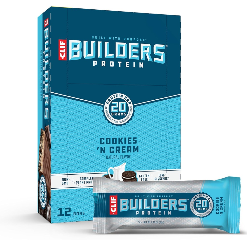 CLIF BUILDERS Protein Bars - Cookies 'n Cream Flavor - 20g Πρωτεΐνη με βάση το φυτό - Χωρίς γλουτένη - Μη ΓΤΟ - Χαμηλό γλυκαιμικό - Όχι Τεχνητά γλυκαντικά - 2.4 oz. (12 Pack)