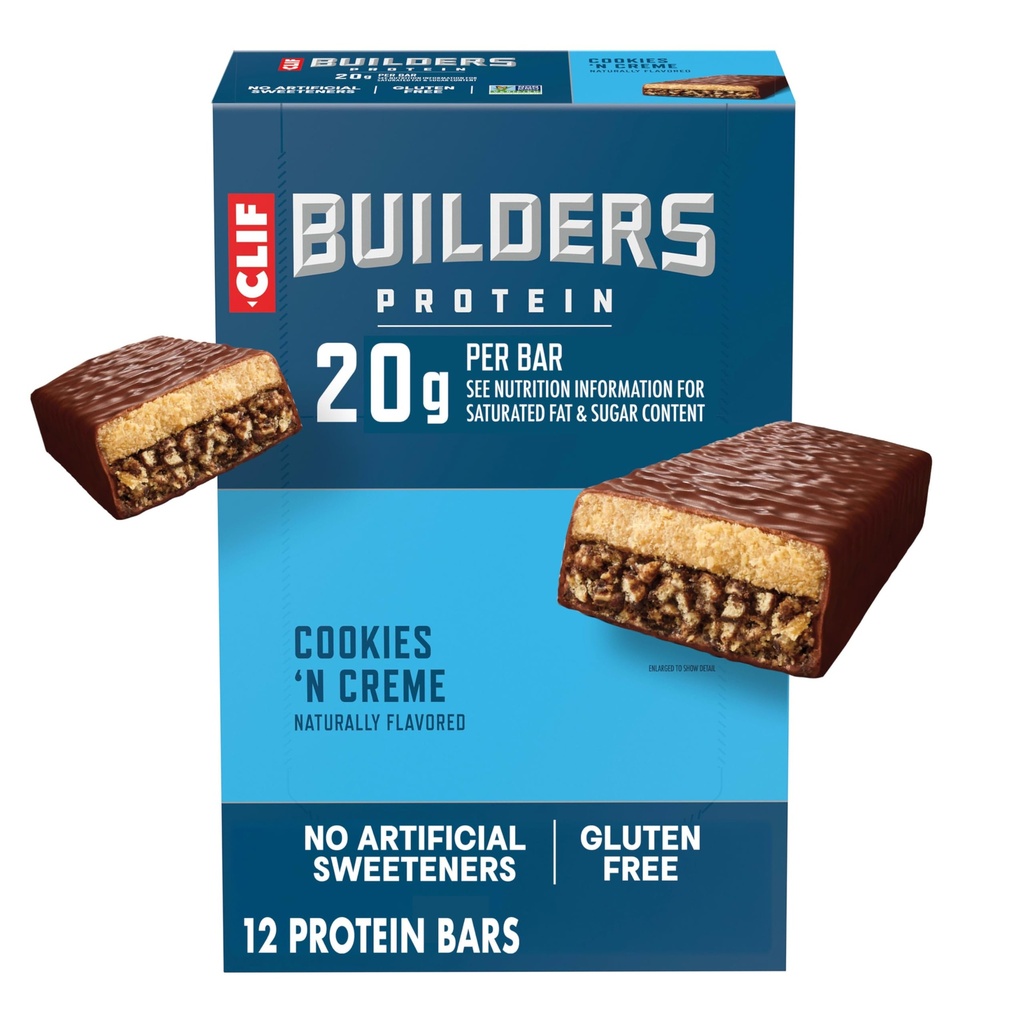 CLIF BUILDERS Protein Bars - Cookies 'n Cream Flavor - 20g Πρωτεΐνη με βάση το φυτό - Χωρίς γλουτένη - Μη ΓΤΟ - Χαμηλό γλυκαιμικό - Όχι Τεχνητά γλυκαντικά - 2.4 oz. (12 Pack)