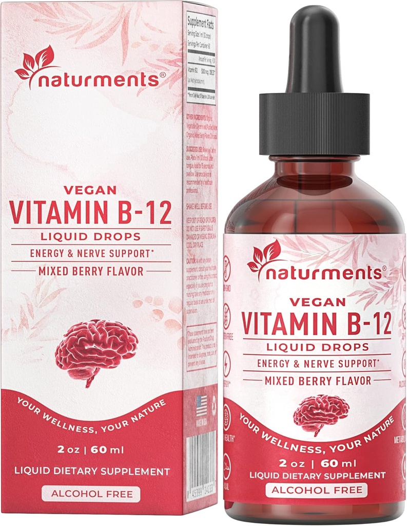 Naturments Βιταμίνη B12 5000 mcg Βιολογικές Υγρές σταγόνες: Ενέργεια & Nerve Υποστήριξη - Χωρίς Vegan Αλκοόλ, Χωρίς GMO, Χωρίς ζάχαρη 2 Fl Oz
