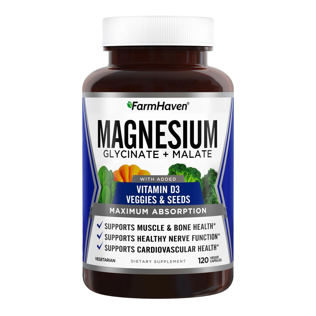 FarmHaven Magnesium Complex –Magnesium Glycinate & Malate w/Vitamin D3, 100% Χηλικό για μέγιστη απορρόφηση, χορτοφάγους – Υγεία των οστών, νεύρα, μύες, 120 κάψουλες, 60 ημέρες