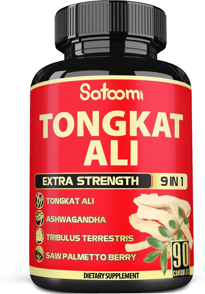 Satoomi 9in1 Tongkat Ali Root Extract - Ashwagandha, Tribulus Terrestris - 90 κάψουλες για 3 μήνες - Δύναμη υποστήριξης, ενέργεια & υγιής ανοσοποίηση