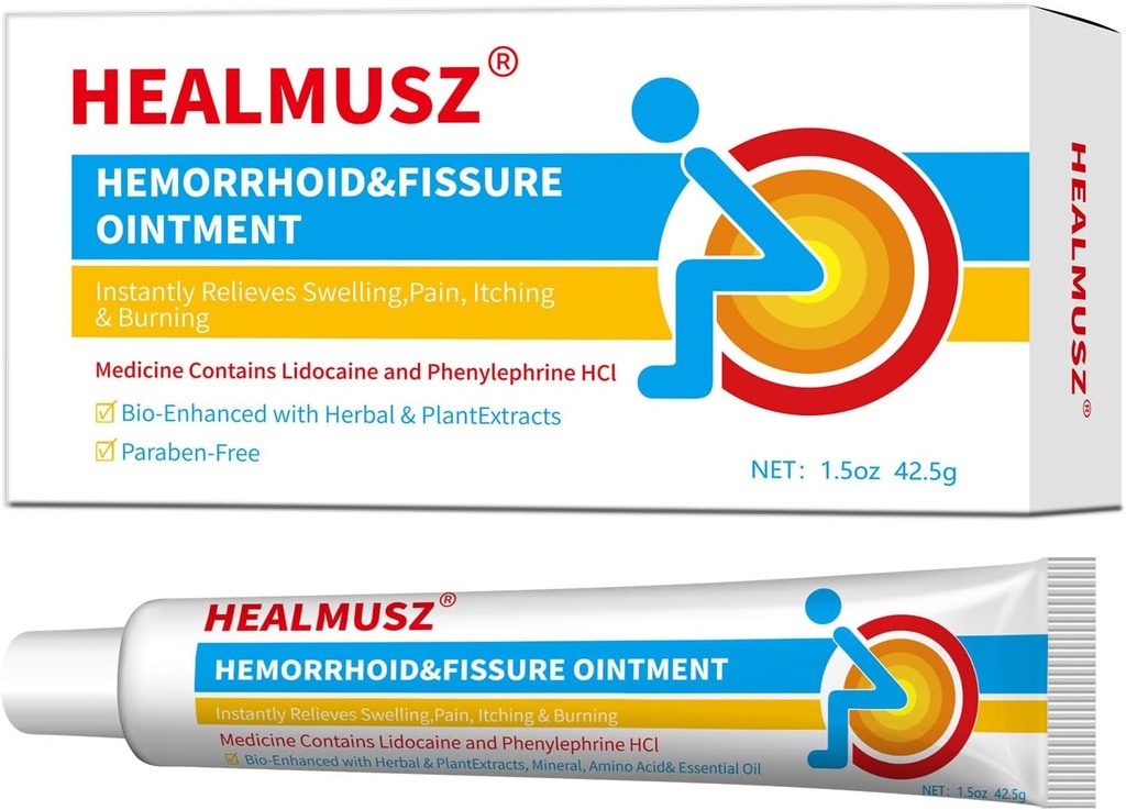 HEALMUSZ Κρέμα αιμορροΐδης ταχείας ανακούφισης με κρέμα λιδοκαΐνης 4% και HCI φαινυλεφρίνης 0,25% για γρήγορη δράση Ανακούφιση του πόνου, οίδημα, δυσφορία και φαγούρα (1,5 oz)