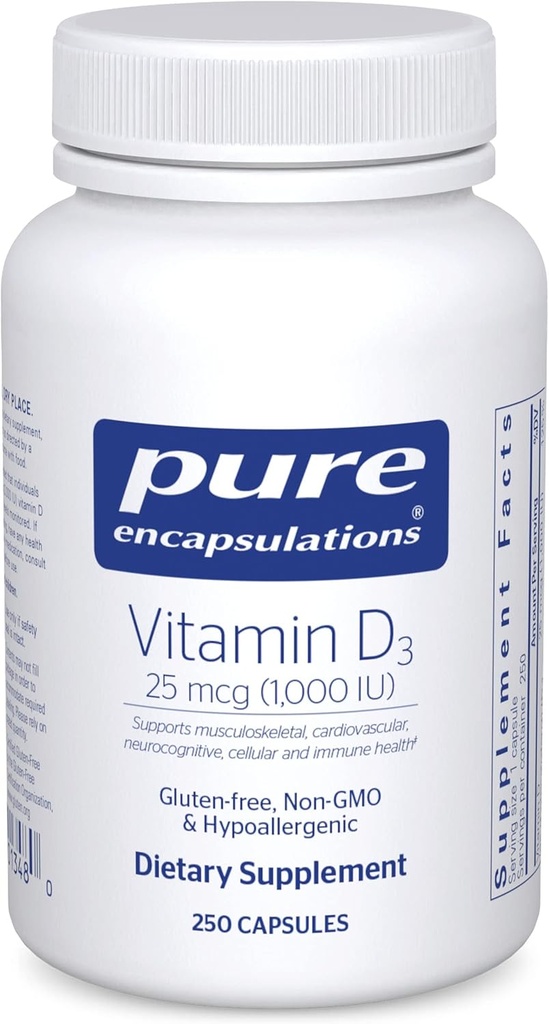 Pure Encapsulations Βιταμίνη D3 25 mcg (1. 000 IU) - Συμπλήρωμα Υποστήριξης Οστών, αρθρώσεων, μαστού, καρδιάς, παχέος εντέρου & ανοσοποιητικής υγείας - με Premium Βιταμίνη D - 250 κάψουλες