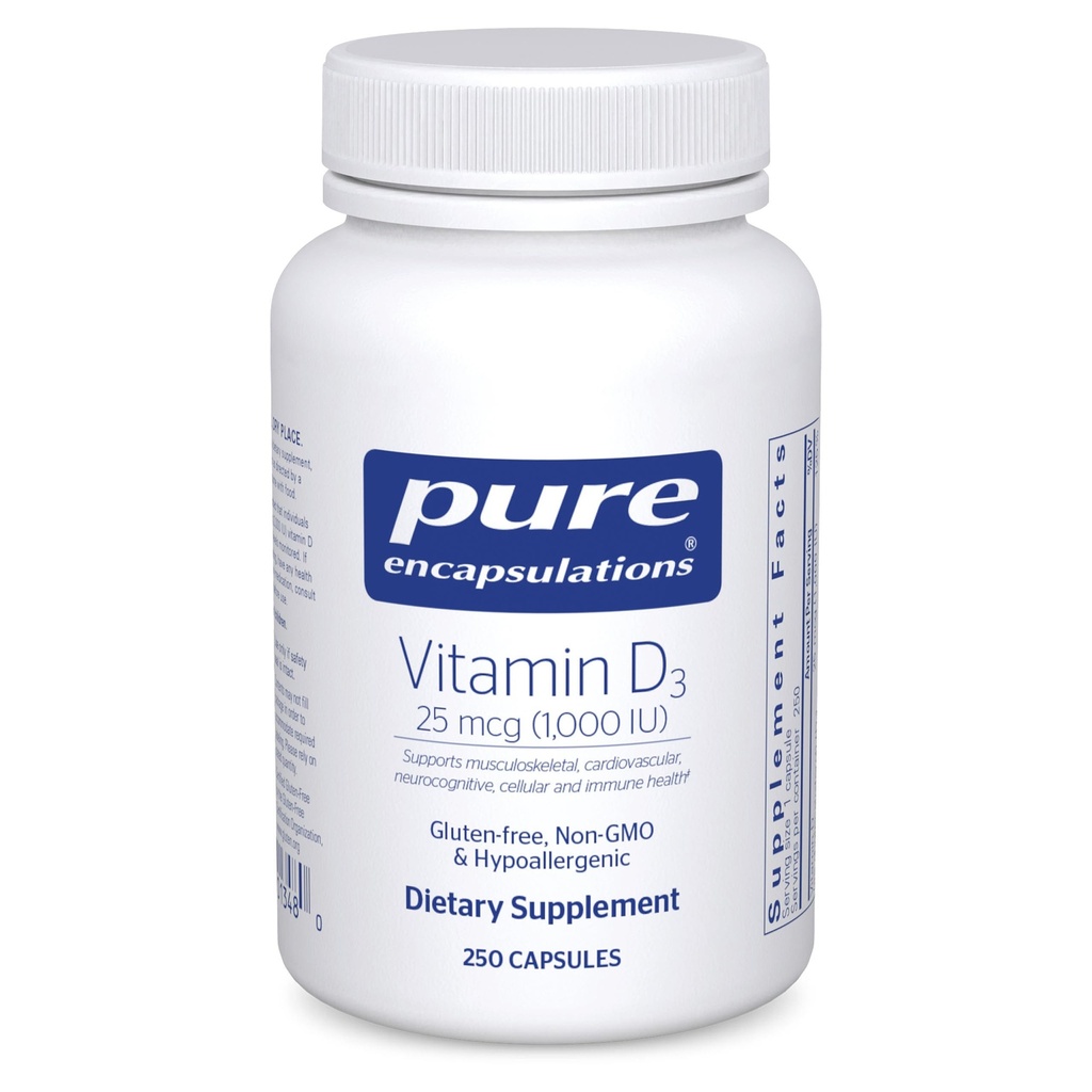 Pure Encapsulations Βιταμίνη D3 25 mcg (1. 000 IU) - Συμπλήρωμα Υποστήριξης Οστών, αρθρώσεων, μαστού, καρδιάς, παχέος εντέρου & ανοσοποιητικής υγείας - με Premium Βιταμίνη D - 250 κάψουλες