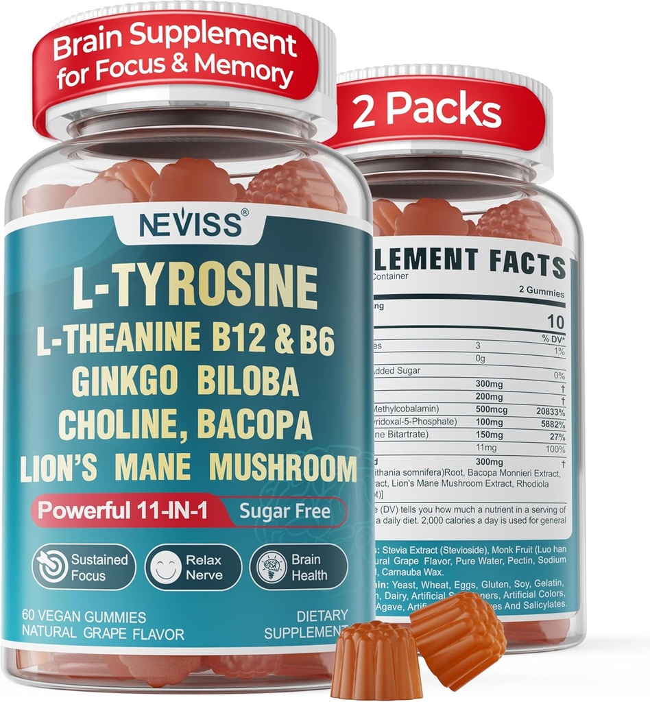 11-IN-1 Brain Supplement for Memory and Focus with L-Tyrosine L-Theanine, Methylated B12 & B6, Lion's Mane Mushroom, Ginkgo Biloba, Bacopa Monnieri, Choline for Focus, Nootropic, Energy, 2Packs