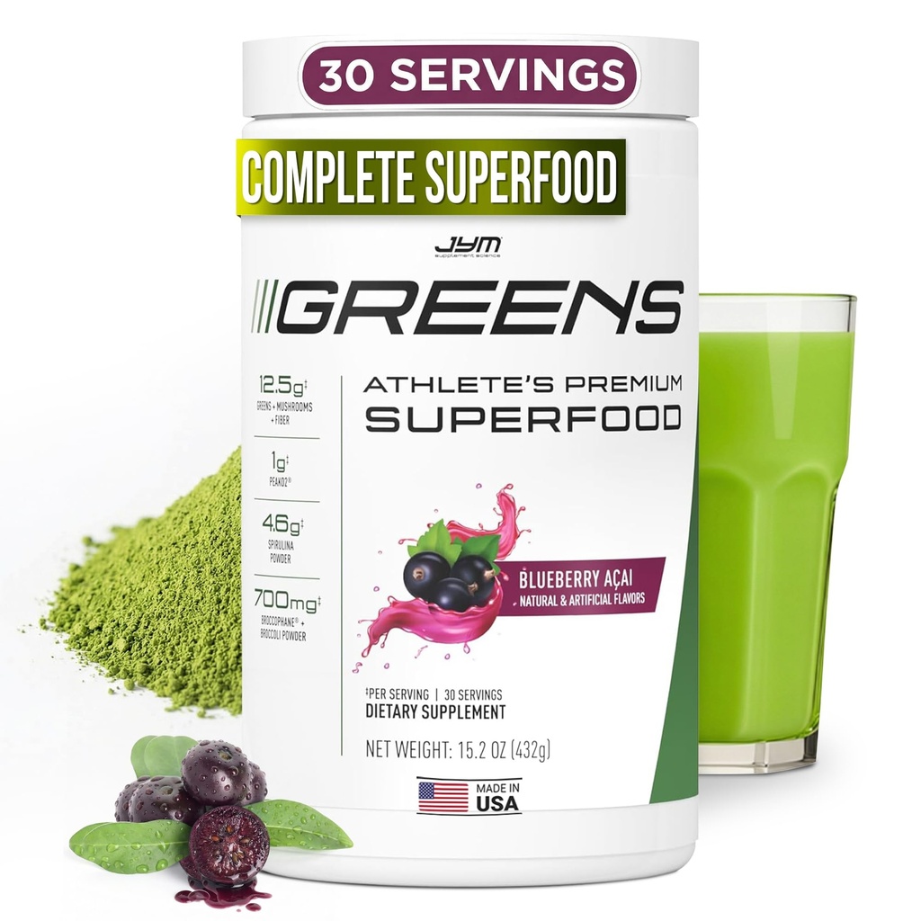 JYM Greens Super Food Powder for Performance, Blueberry Acai, Spirulina, Μανιτάρια, Βιταμίνες, BroccoPhane & Μπρόκολο, Άνδρες & Γυναίκες, 30 Μερίδες
